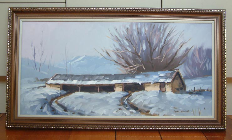 Signed New Zealand painting of Cottons Barn Arrowtown Winter 1972 by NZ artist Peter Beadle
